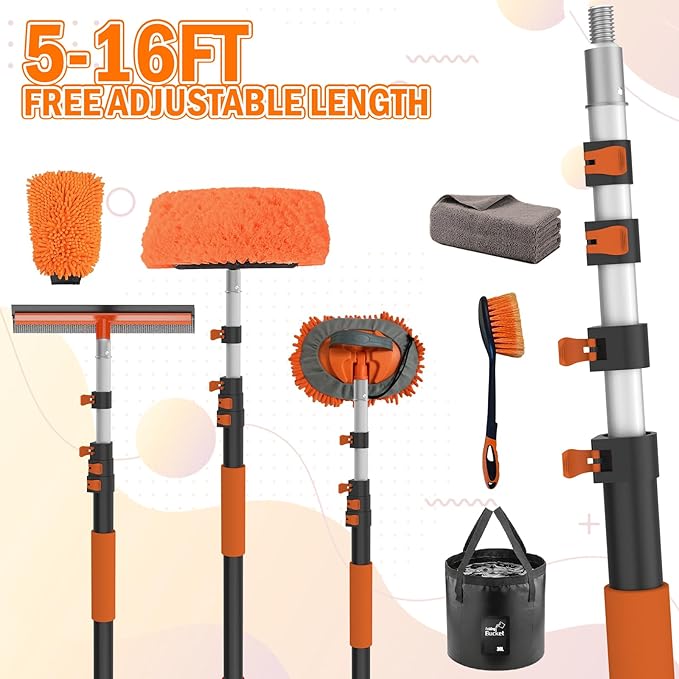 16FT Car Wash Brush with Long Handle, Car Cleaning Kit with Soft Bristle Wash Brush, Microfiber Cleaning Mop, Window Squeegee, Mitt, Wheel Brush, Bucket, Drying Towel for RV, Truck, Boat