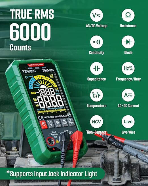 TSM-599 Smart Digital Multimeter, TRMS 6000 Counts, Voltage Tester, Volt Meter with NCV, DC/AC Voltage&Current, Resistance, Continuity, Diode, Capacitance, Hz%, Temperature, Live Wire - Green