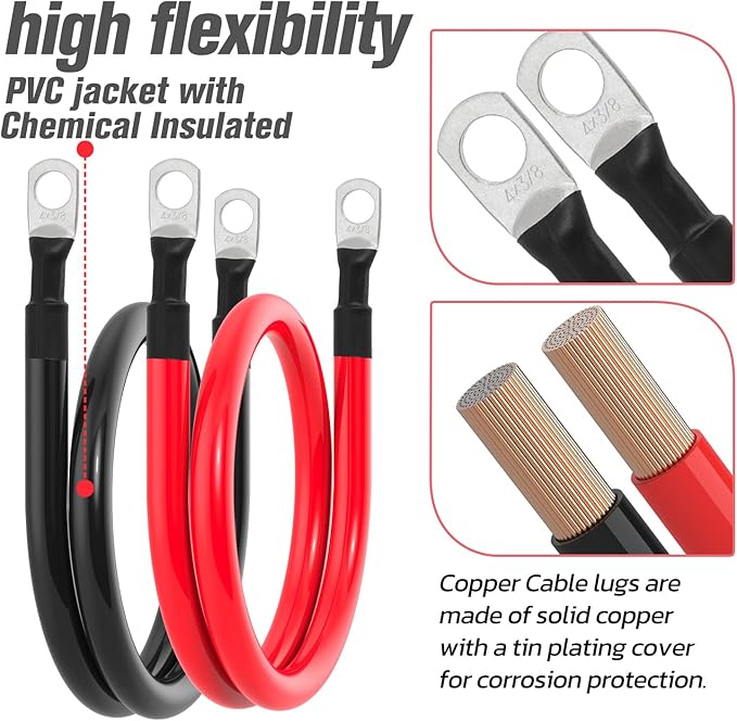 4 AWG Battery Cable 4AWG Gauge Battery Inverter Cables for Automotive Solar Marine Boat RV Car Motorcycle (4 AWG, 18in, 3/8")