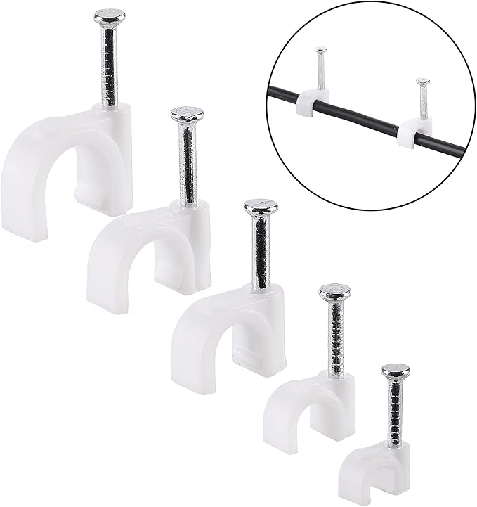 Bates Cable Clips with Steel Nails - White, 360 pcs, 4mm-10mm, Universal Cable Clips