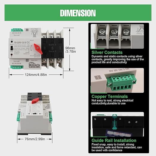 3P 100A Dual Power Automatic Transfer Switch 110V Generator Changeover Switch Tools Dual Power Transfer Switch Din Rail Mounting Type 50HZ/60HZ