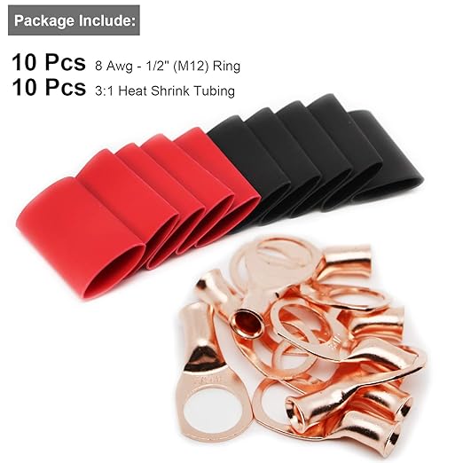 TKDMR 10pcs 8 AWG-1/2 Battery Lugs,Heavy Duty Wire Lugs,Ring Terminals,Battery Cable Ends,0 Guage terminals,Battery Terminal Connectors with 10pcs 3:1 Heat Shrink Tubing