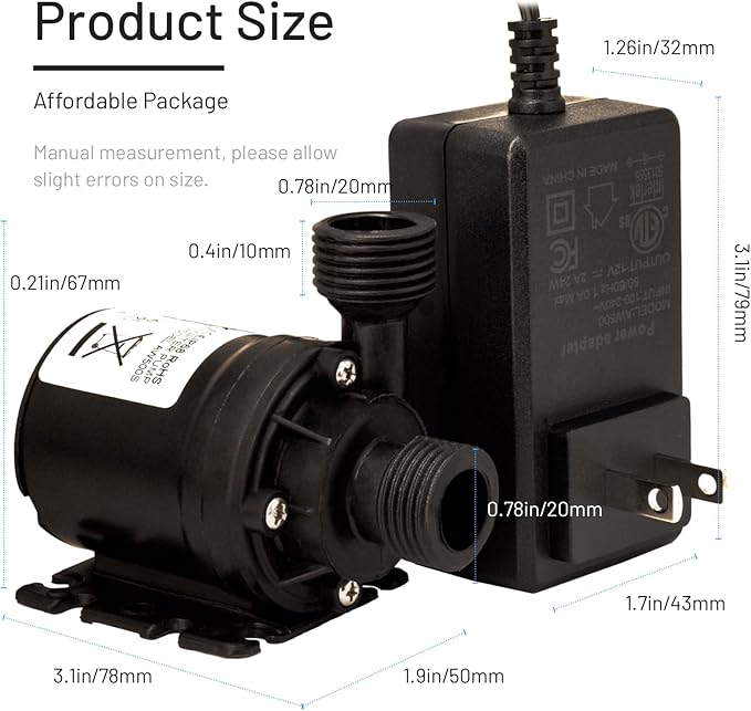 14A DC 12V Water Pump Circulation Pump- 3.43GPM, 19.6ft Lift, Ultra-Quiet Brushless Motor w/Adapter - for Solar Heaters, RVs, Brewing & Farms (Non-Self-Priming)