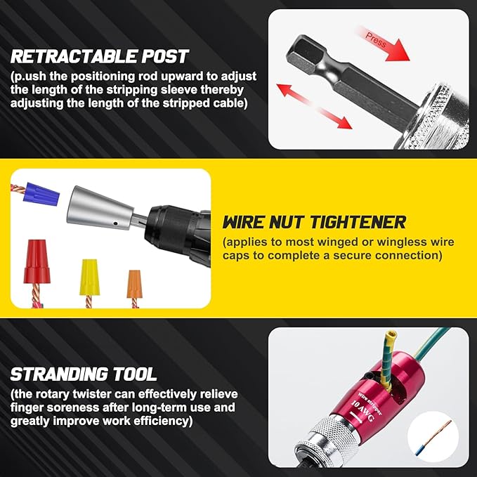 Wire Stripper for Drill - 2026 Upgraded Electric Wire Stripping and Twisting Tool for AWG 14-12-10-8-6, Wire Stripper Tool for Power Drill, Nut Twister Stripping and Connector Kit (8PCS)