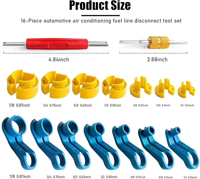 16 PCS AC Fuel Line Disconnect Tool Set, Portable Car AC Fuel Line Disconnect Removal Tool Set with Storage Box, Durable 1/4 3/8 1/2 5/8 3/4 7/8 5/16 Inch Remover Tool Kit