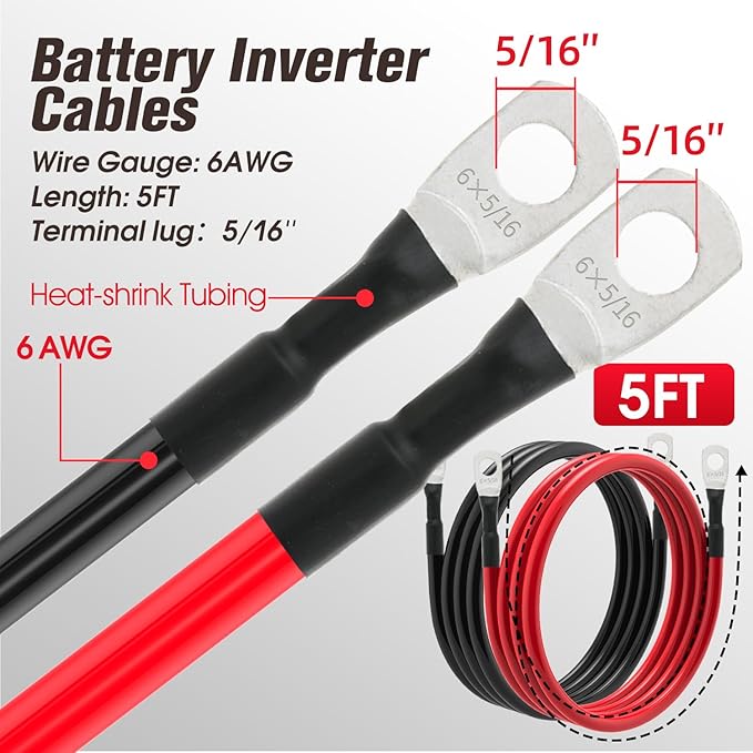 6 AWG Battery Cable 6AWG Gauge Battery Inverter Cables for Automotive Solar Marine Boat RV Car Motorcycle (6 AWG, 5FT, 5/16")