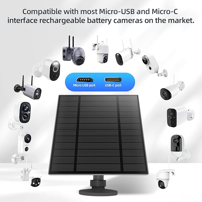 5W Solar Panel for Security Camera, Solar Panel with Micro USB & USB-C Port for DC 5V Outdoor Rechargeable Battery Camera, IP65 Waterproof, 360° Adjustable Security Mount, 9.8ft Cable(Black 1PC)