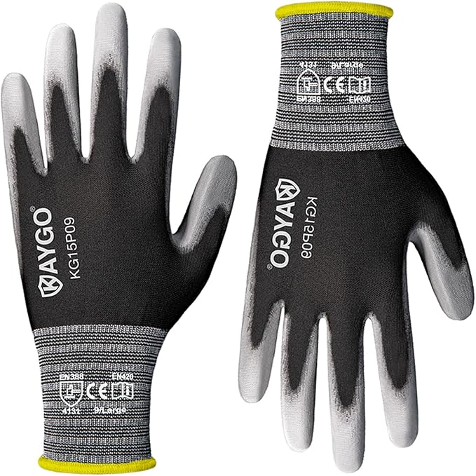 KAYGO Work Gloves PU Coated 12 Pairs, KG15P,Nylon Liner with Flexible Polyurethane Coating,Safety Work Gloves for DIY, Assembly, Warehouse, Light Duty Work (Large, Black)