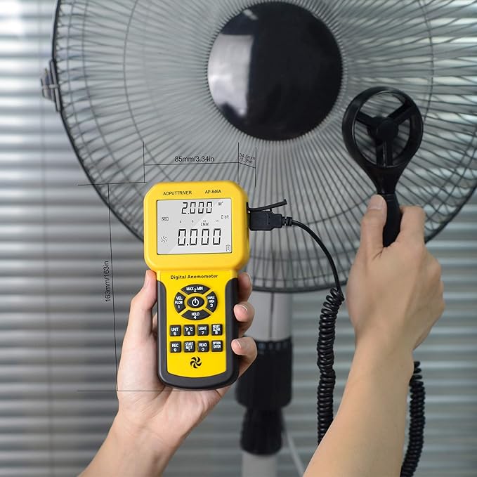 HVAC Anemometer,CFM Air Flow Meter 0.001~100mph High Accuracy Measures Wind Speed/Wind Temp/Air Velocity Air Flow, Professional CFM Meter AP-846A with Backlight Max/Min/Avg