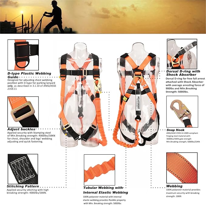 1D-Ring Industrial Fall Protection Safety Harness with 6-Foot Shock Absorber Stretchable Lanyard | Permanent attached Kit | ANSI Compliant Personal Fall Arrest System(PFAS)