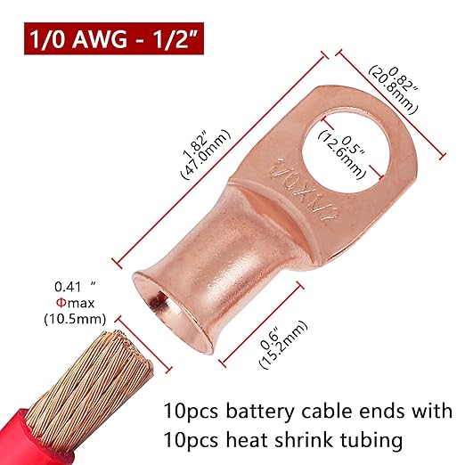 TKDMR 10pcs 1/0 AWG-1/2 Battery Lugs,Heavy Duty Wire Lugs,Ring Terminals,Battery Cable Ends,0 Guage terminals,Battery Terminal Connectors with 10pcs 3:1 Heat Shrink Tubing