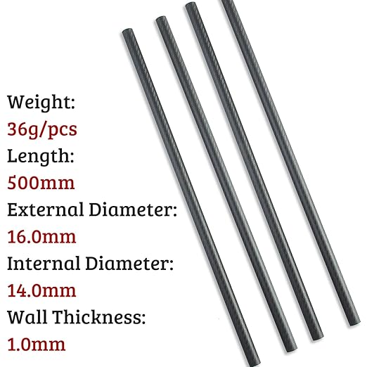 4pcs Carbon Fiber Tube 16x14x500mm,6~50mm Available, 3K roll Wrapped Twill Matte Finish.