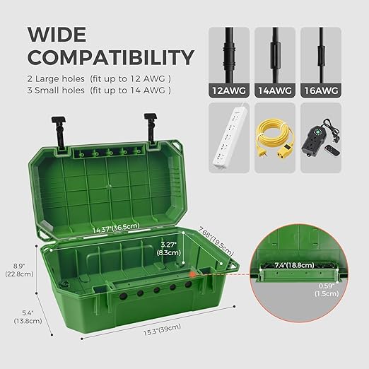 WELKIN Heavy-Duty Outdoor Electrical Box (15.3 * 5.4 * 8.9 inch), IP54 Weatherproof Waterproof Extension Cord Cover, Protect Outlet, Plug, Timer, Power Strip, Holiday Lights (Green)