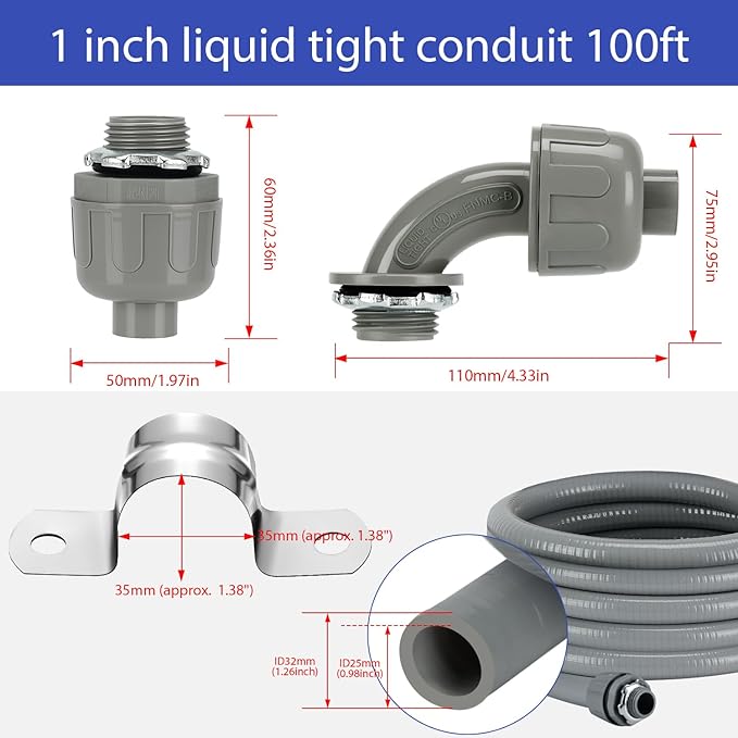 Liquid-Tight Conduit Connector Kit,Flexible Non Metallic Liquid Tight Electrical Conduit Kit,Waterproof Outdoor Electrical Conduit Pipe,Straight/Angle Fittings,Clamps (1 in x 100 ft)