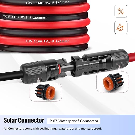 10Feet Solar Extension Cable 10Ft 10AWG (6mm²) Red & Black PV Wire Male Female Connector Adapter Gauge Wire for PV System,Roof Kits,Marine,RV,DC Solar Power Cable (10Ft 10Awg)