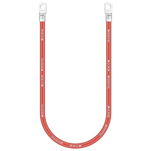 Jtron 20 inch Cable 6 AWG (25-8) Specification red + Black Pure Copper Battery Inverter Cable Solar, Marine lugs can be Used for Battery Switch(Available Current 200A)