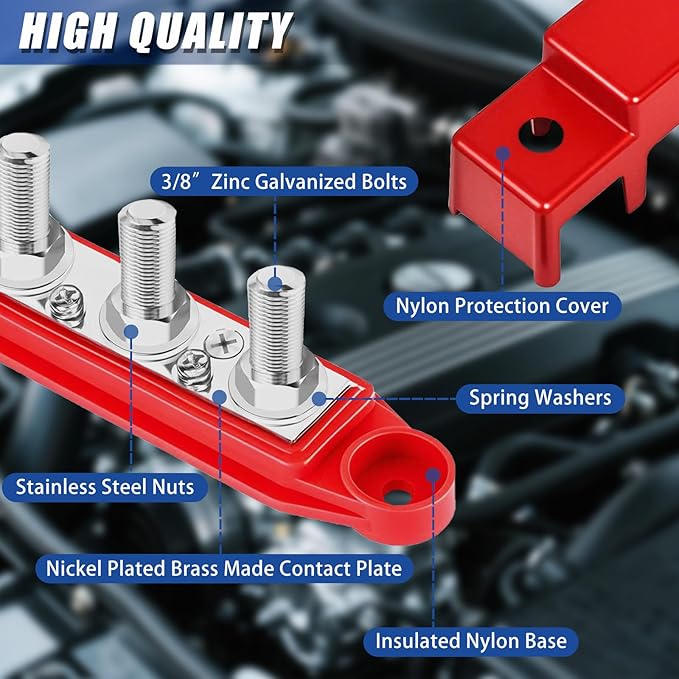 250A 12V BusBar 3/8" Power Distribution Block 4 Studs Junction Block Automotive Marine Battery Busbar Terminal Block with Cover 12 Volt Negative&Positive