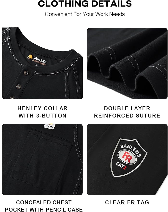 FR Shirts for Men Light Weight Flame Resistant Henley Shirts Long Sleeve Shirts HRC2/CAT2 6.5oz 100% Cotton