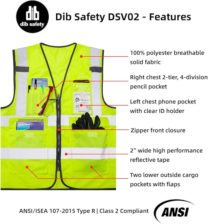 Dib Safety Reflective Vest ANSI Class 2, High Visibility Vest with Pockets and Zipper, Construction Work, Hi Vis