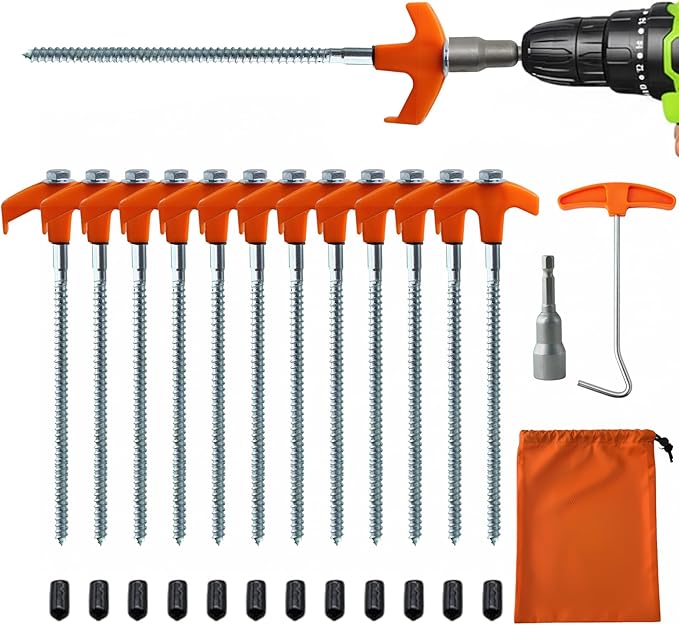12-Pack Heavy Duty Screw-in Tent Stakes with Drill Adapter – 8 Inch Ground Anchors for Camping, Canopy, Gazebo, Awnings & Outdoor Accessories