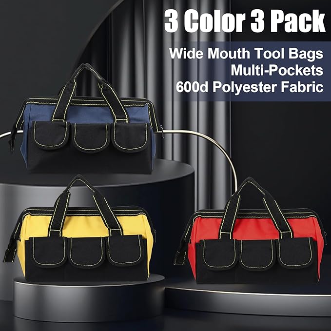 3 Pack Wide Mouth Tool Bag, 13 Inch Waterproof Power Tools Organizer Heavy Duty Drill Bag Electrician Tool Tote for Professionals, Construction Electricians Carpenter and DIY Enthusiasts