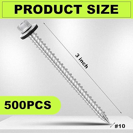 Tandefio Hex Head Metal Roofing Screws Galvanized Roof Self Starting Tapping Siding Sheet with Rubber Washer Seal for Wood Panels Summer(Zinc,500 Pcs,#10 x 3'')