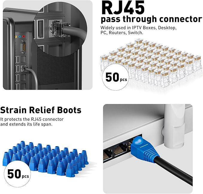 Ethernet crimping tool kit RJ45 crimp tool, Cat5 Cat6 Pass Through Crimping Tool for Network Cable Tester, Multiply Stripper, 50PCS Cat 6 Pass Through Connectors and Strain Relief Boots