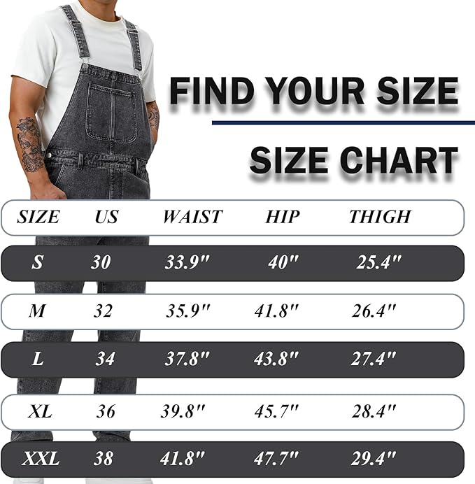 Men's Bib Overall Relaxed Fit Adjustable Strap Denim Work Pants with Large Pockets Durable Comfortable Jumpsuit for Men