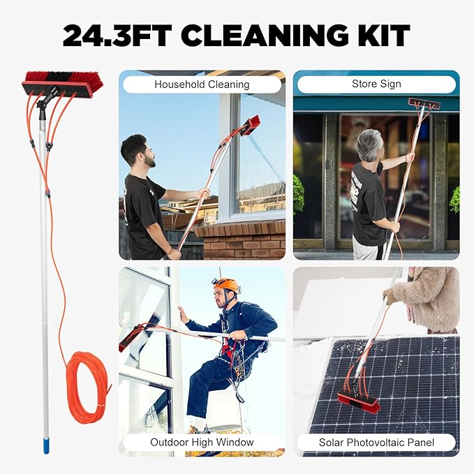 24Ft Water Fed Pole Kit, Lightweight Extendable Solar Panel Cleaning Brush Outdoor Tall Window Cleaner Water Fed Brush Extendable Pole Kit for Window, Solar Panel, Household Clean