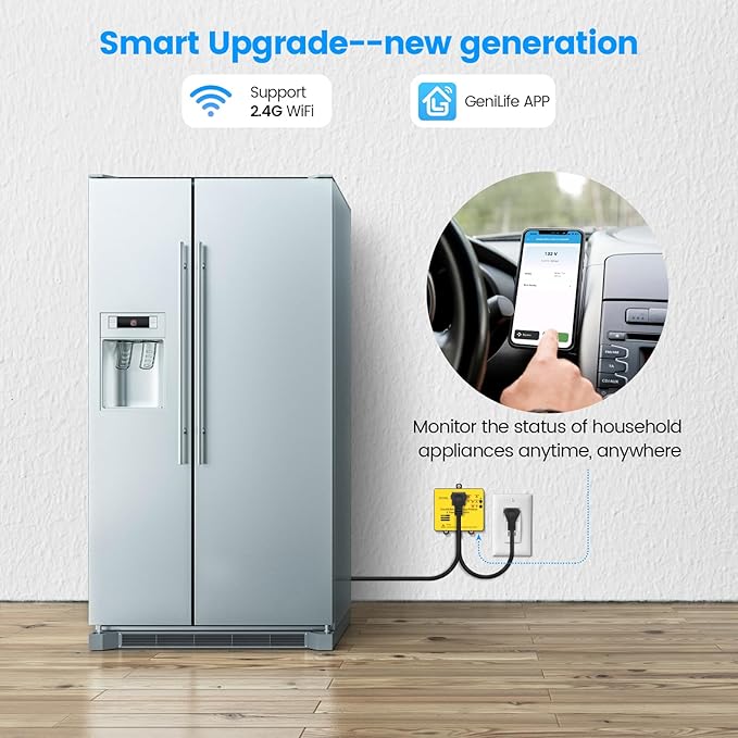 Wi-Fi Smart Power Failure Alarm with Surge Protector, Remotely Monitor and Control Your Refrigerator Via App, Ensuring The Safety of Refrigerator and Food Stored Inside, Yellow