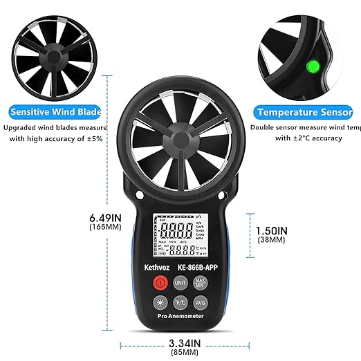 Bluetooth Digital Anemometer, Kethvoz Handheld Wind Speed Meter with Data Logger Measure Air Flow Velocity 0.3~30m/s for Drone Hunting Shooting HVAC Dust Collector