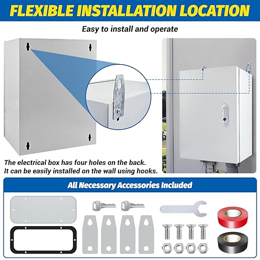 Electrical Box 12 x 10 x 8'' Steel Electrical Junction Box，NEMA 4X Steel Enclosure Box，Indoor&Outdoor Electrical Box Waterproof & Dustproof，Wall Mounted Universal，with Lock & Mounting Plate