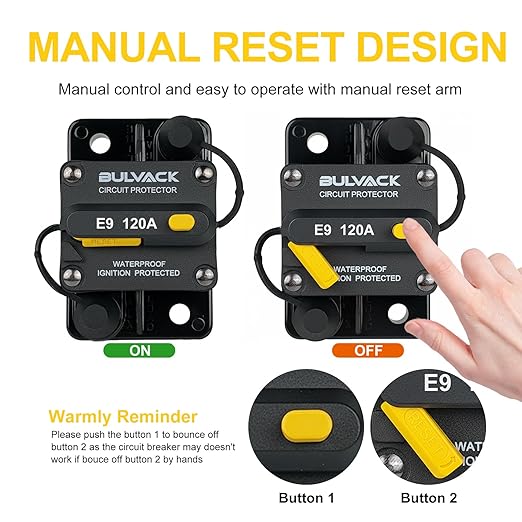 E9 Hi-Amp 120A Circuit Breaker with Manual Reset 12V - 48V DC | Waterproof IP67 UL Certified | 120 Amp Switchable Surface Mount