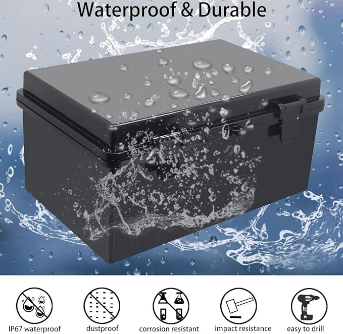 Junction Box, Hinged Black Cover IP67 Waterproof ABS Project Box with Mounting Plate Electrical Box Enclosure with Wall Bracket 11.4 x 7.5 x 5.5inch(290x190x140mm)