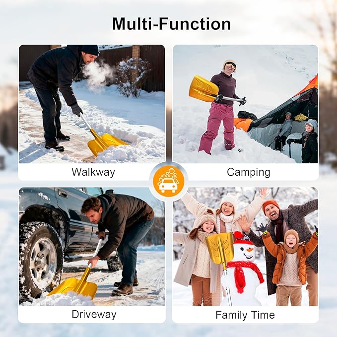 Snow Shovel with Ice Scraper & Brush, 17-30'' Extendable with Lightweight Aluminum Handle, 3-in-1 Folding Collapsible Winter Shovel Snow Removal for Camping Car Emergency Outdoors Home Yellow