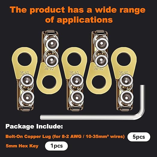GKG 5Pcs 8-2AWG Battery Lugs, Heavy Duty Wire Lugs, Battery Cable Ends, Ring Terminals, Crimpless Dual Bolt-On Battery Terminal Connectors Lugs for Automotive, Marine, and Solar Power Applications