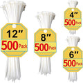 Zip Ties Assorted Sizes 4+6+8+12 Inch, 2000 Pack, White Cable Ties for Multi-Purpose, Nylon/Plastic Wire Ties for Home Improvement, Office & Outdoor Use (Clear-Colored Style).