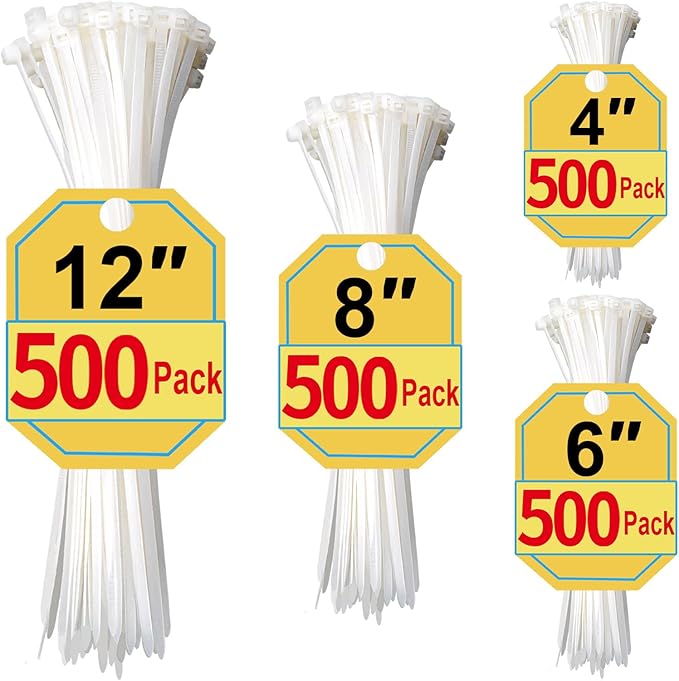 Zip Ties Assorted Sizes 4+6+8+12 Inch, 2000 Pack, White Cable Ties for Multi-Purpose, Nylon/Plastic Wire Ties for Home Improvement, Office & Outdoor Use (Clear-Colored Style).