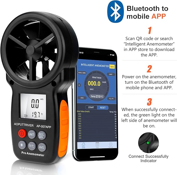 Bluetooth Anemometer,CFM Air Flow Velocity Tester, Digital Wind Speed Gauge Meter with 14℉-113℉ Wind Temperature Measuring and USB Data Export
