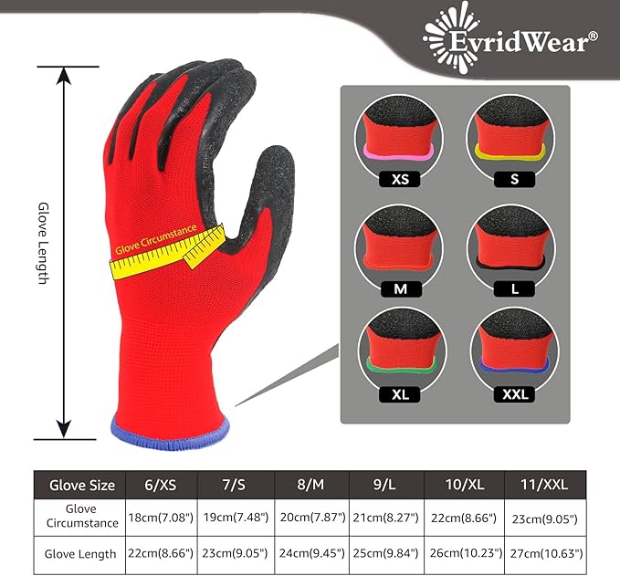 Evridwear Crinkle Latex Rubber Hand Coated Safety Work Gloves for Men Women General Multi Use Construction Warehouse Gardening Assembly Landscaping,Red XX-Large 12 Pairs Pack