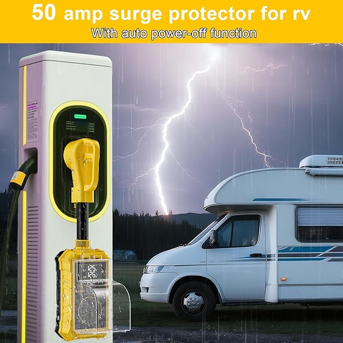 Rv Surge Protectors 50 Amp,16000 Joules Rv Circuit Analyzer with Waterproof Cover Safety Certification Led Display,Rv Voltage Protector for Camper, Travel Trailers (Yellow, 50A)