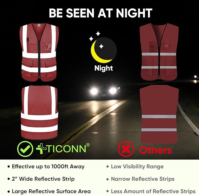 TICONN Reflective Safety Vest High Visibility Class II Mesh Vest for Women & Men Meets ANSI Standards