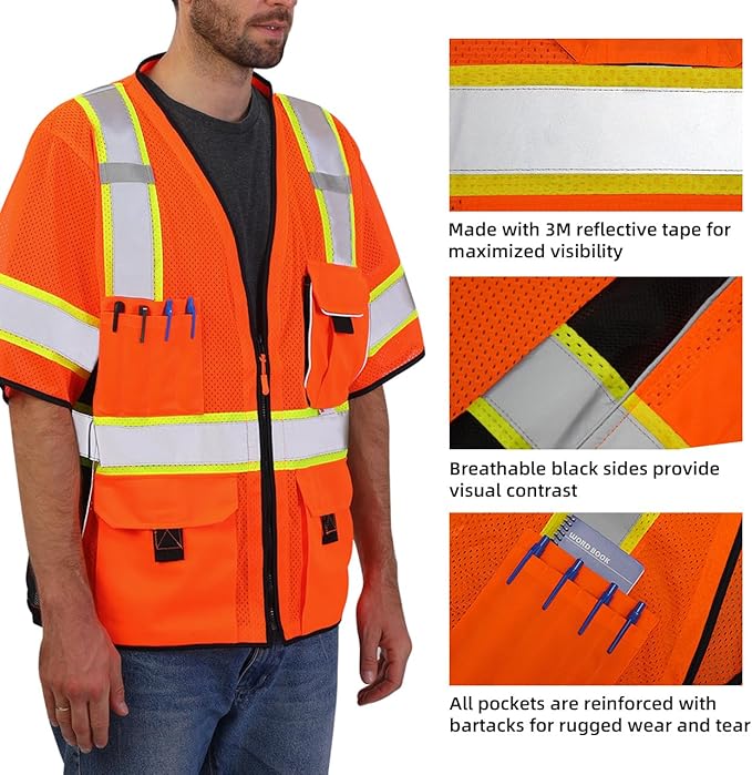 Dib Safety Reflective Mesh Vest ANSI Class 3, High Visibility with Pockets and Zipper, Made with 3M Reflective Tape, Orange 4XL