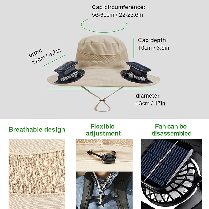 Fishing Hats with Sunglasses, Wide Brim Sun Hat with 2 Solar Fan, USB & Solar Powered Fishing Hats, Solar Fan Hats UPF 50+