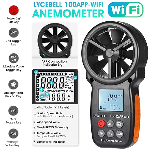 WiFi Anemometer Handheld, Digital Wind Speed Meter with Smart APP, 0.3-40m/s Range, Temperature Measuring, Data Logging, CFM Air Flow Meter for HVAC Outdoor Hunting Sailing Shooting Drone