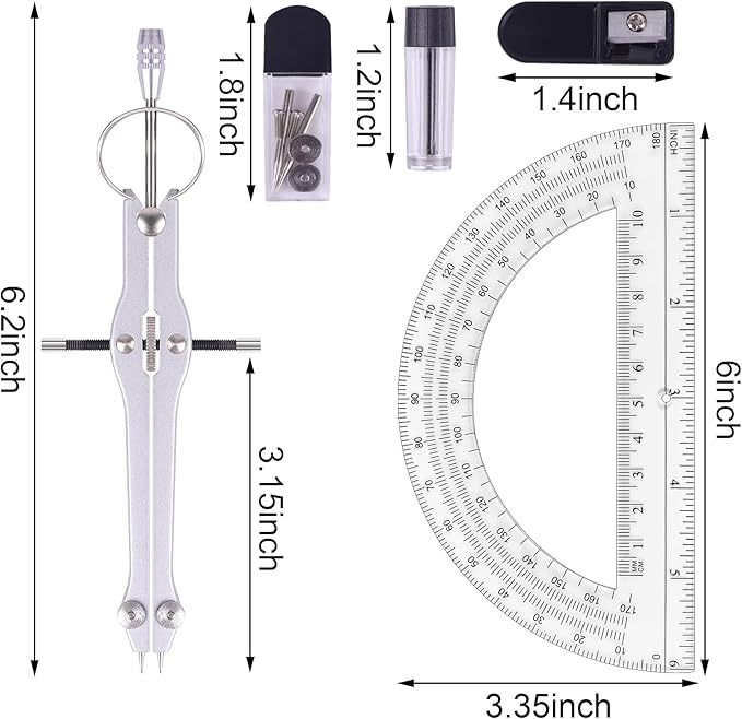 Compass and Protractor Set, Professional Drawing Compass Tool, Metal Compass with Extra Refills, Compass for Geometry and 6 Inch Math Protractors 180 Degree (Green)