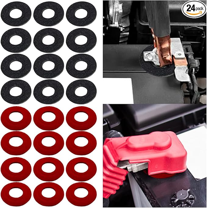24PCS Battery Terminal Washer Pad, Anti Corrosion Washers, Fiber Washers Battery Top & Side Terminal Protector (12Pair Redblack)