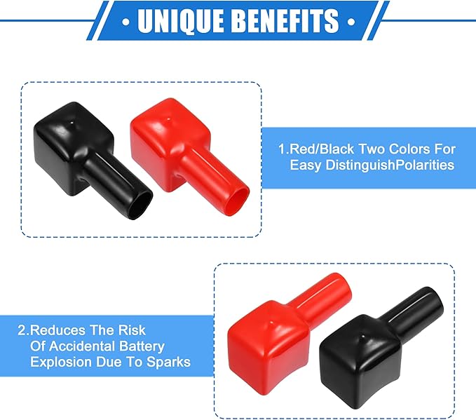 1 Pair Battery Terminal Insulation Covers, 10mm 0.39" Car Battery Post Cap Universal for Motorcycle Truck Marine Durable PVC Red Black