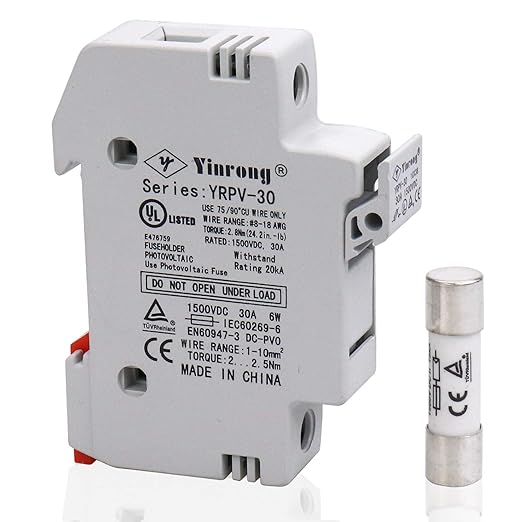ZOOKOTO Solar Fuse Holder 30A 1500V DIN Rail Mount 1 Pole White Plastic Housing with 10x38mm Solar Fuse 30Amp