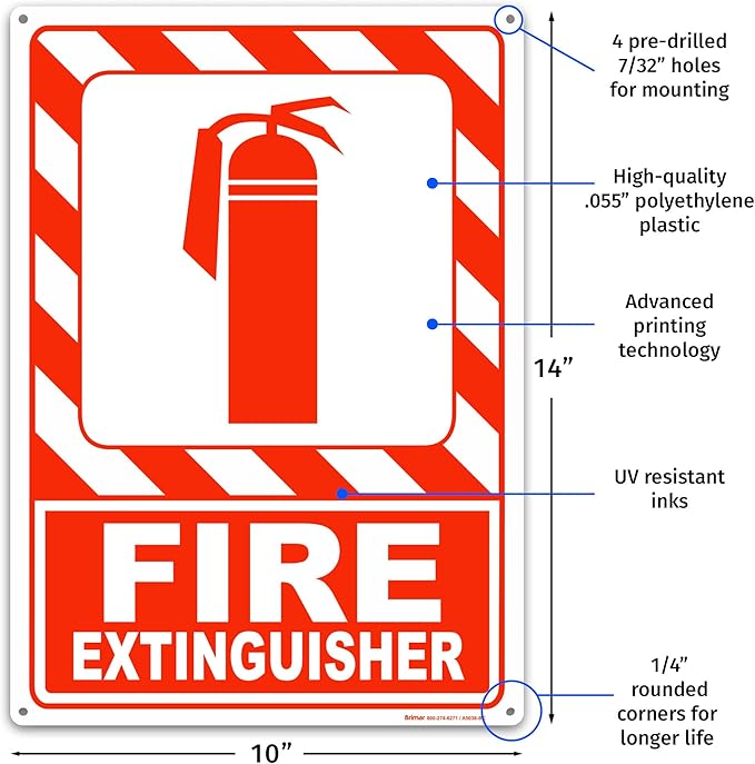 Brimar - 10 x 14" - Fire Extinguisher Sign - Polyethylene Plastic - Fire Safety Sign - Easy Installation